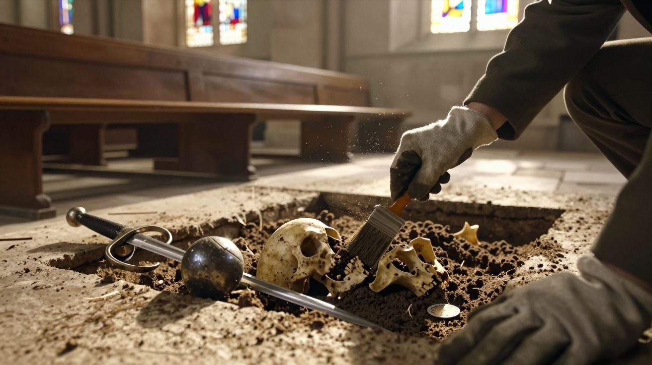 Cientista a escavar um crânio e ossos antigos com espada ao lado numa igreja iluminada por vitrais.