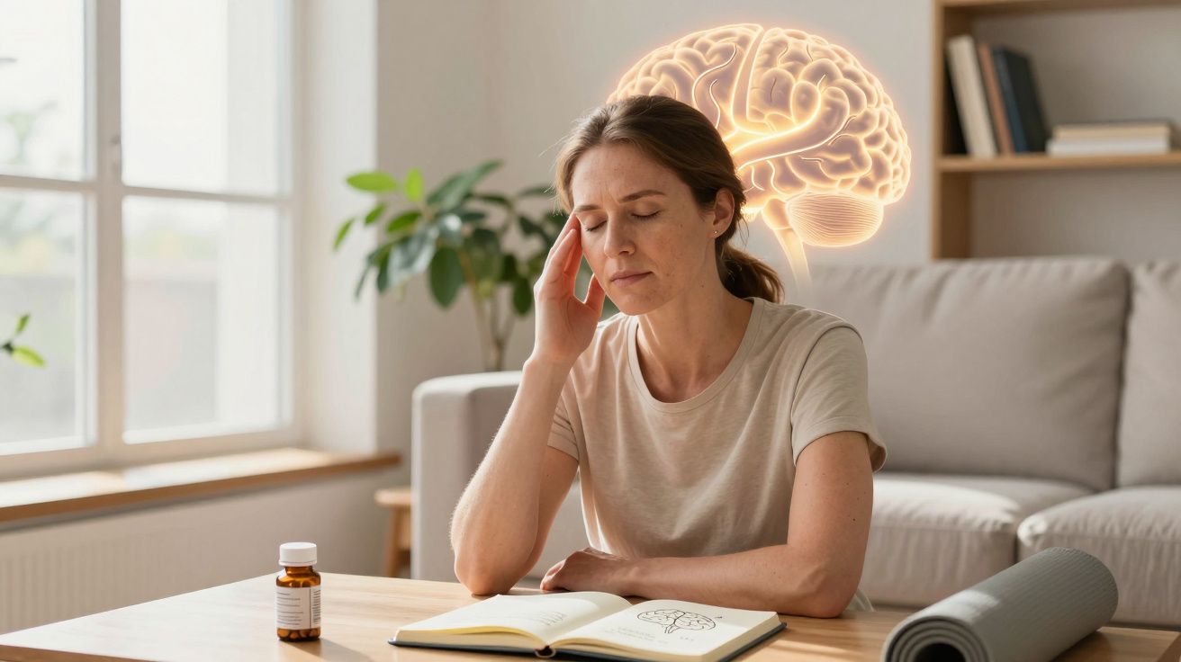 Mulher com dor de cabeça sentada à mesa com livro aberto, comprimidos e ilustração de cérebro atrás dela.