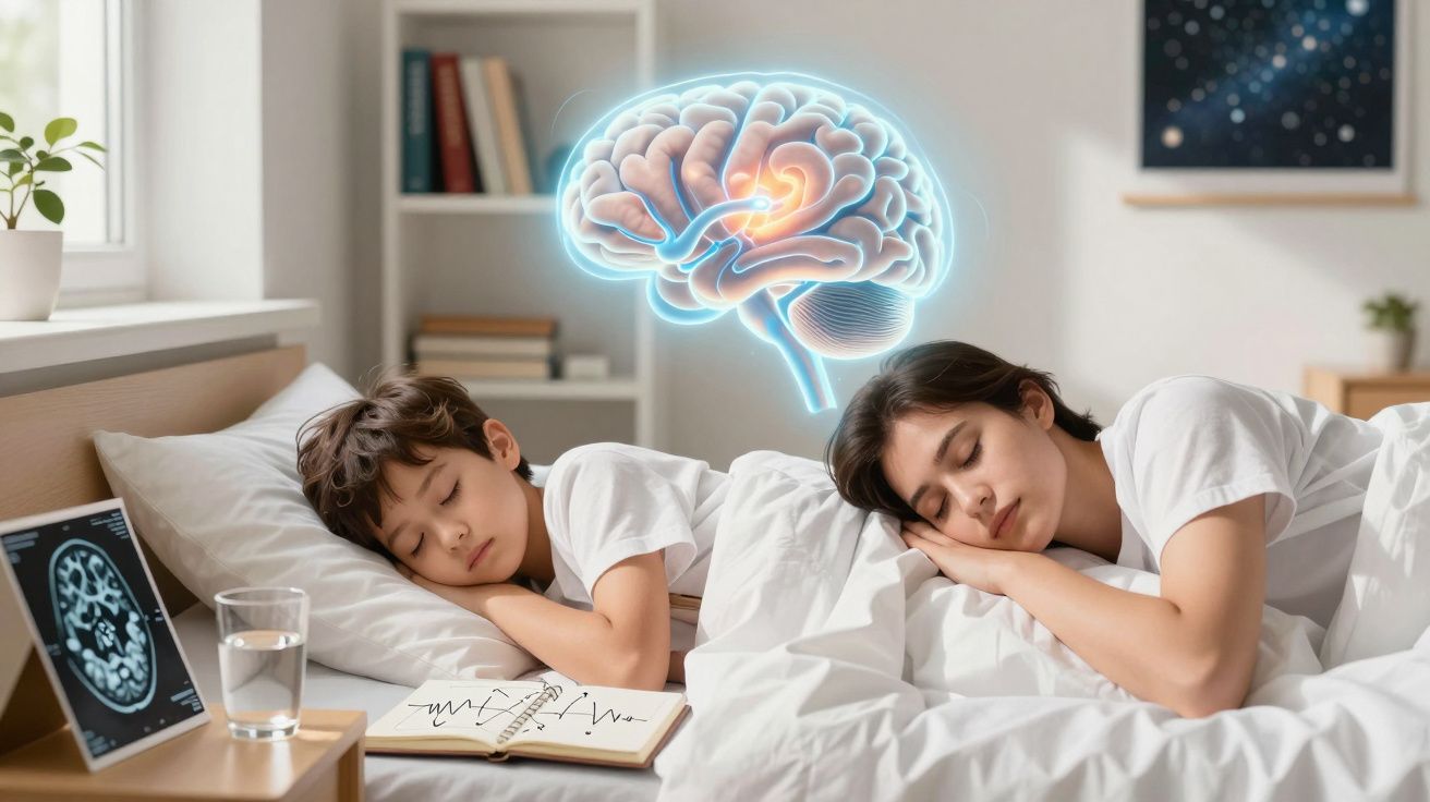 Criança e mulher a dormir numa cama com ilustração do cérebro a flutuar acima deles.