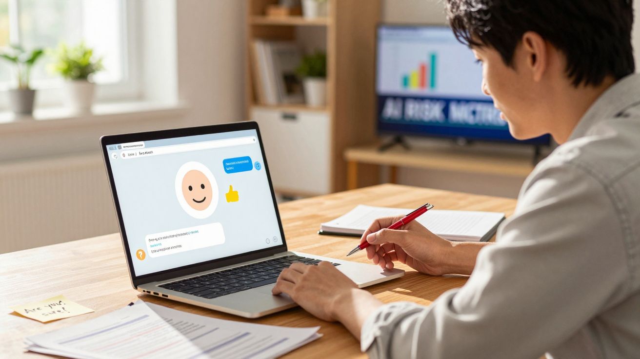 Pessoa a usar laptop com chat de mensagens e ambiente de trabalho com documentos e caneta numa mesa.