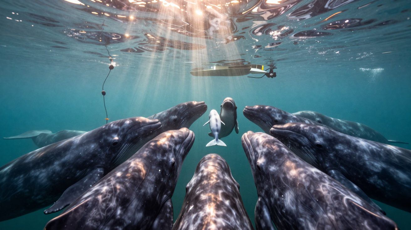 Golfinhos e uma beluga rodeados por raios de luz subaquáticos perto da superfície do mar.