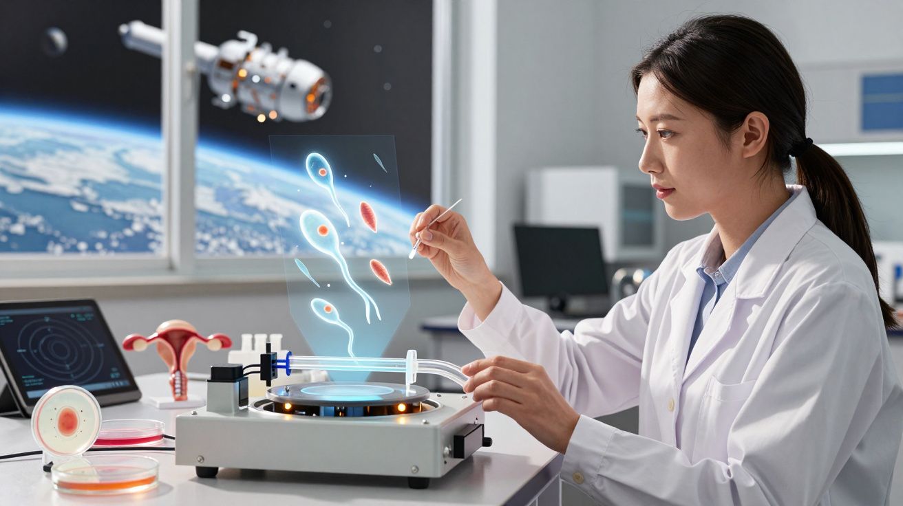 Cientista em laboratório manipula holograma de espermatozoides com espaço e Terra ao fundo pela janela.