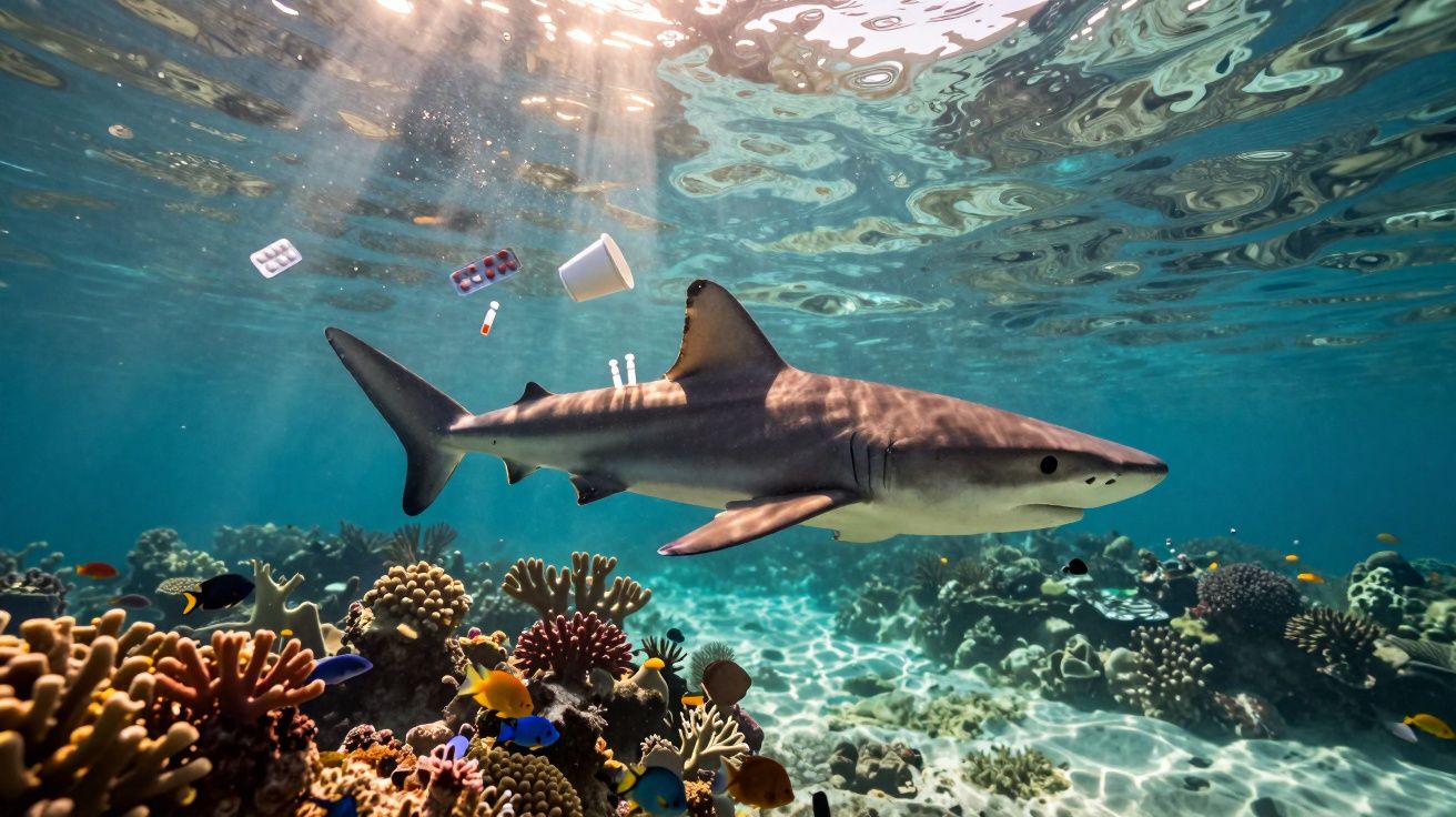 Tubarão a nadar perto de coral no oceano, rodeado de lixo plástico flutuante, incluindo embalagens e copos.