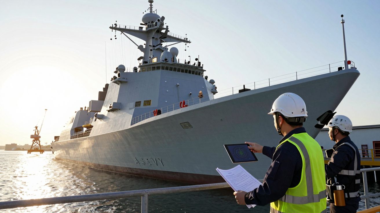 Dois trabalhadores com capacetes e coletes verificam documentos junto a um grande navio de guerra no porto ao pôr do sol.