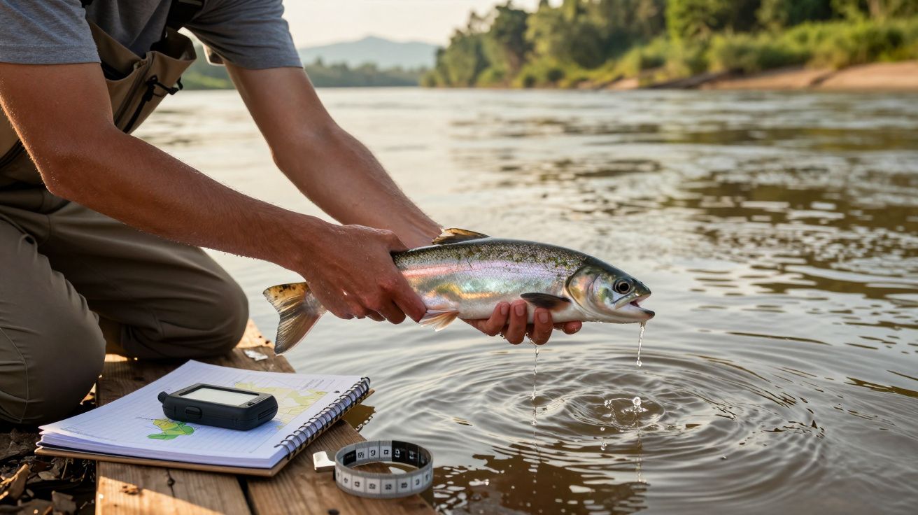 Pessoa segura um peixe prateado junto a um rio com caderno, fita métrica e dispositivo de medição numa prancha de madeira.