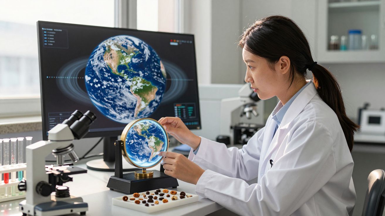 Cientista em laboratório observa globo terrestre em pequeno dispositivo com mapa da Terra no ecrã do computador.