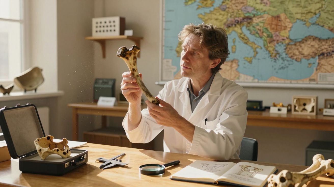 Homem com bata branca analisa osso grande numa sala com mapas e livros de anatomia.