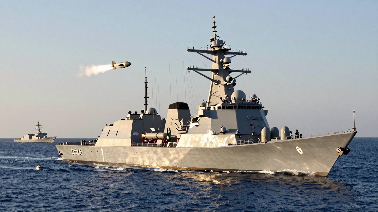Fragata militar a disparar míssil sobre o mar com outro navio ao fundo em dia claro.