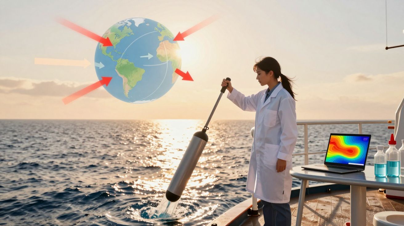 Cientista a recolher amostra do oceano ao pôr do sol com gráficos de dados e mapa do mundo flutuante.