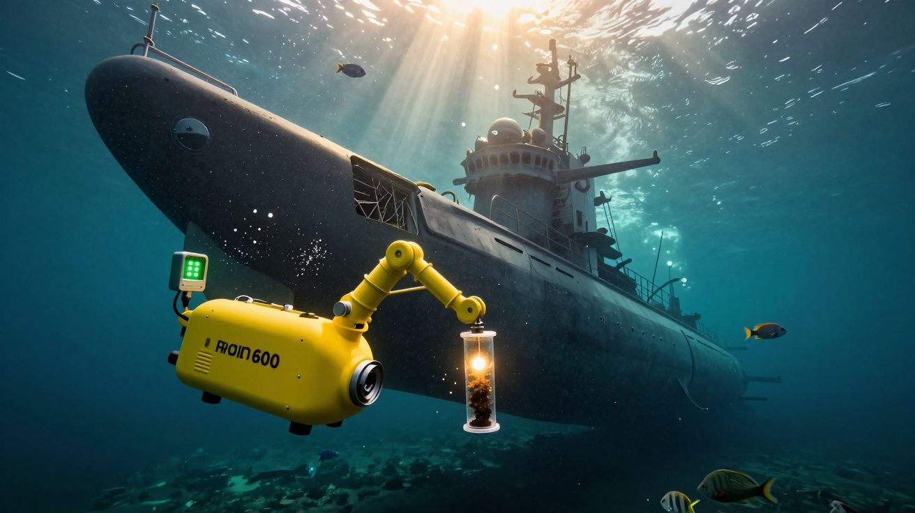 Submarino cinza em águas profundas com robô subaquático amarelo a recolher amostras.