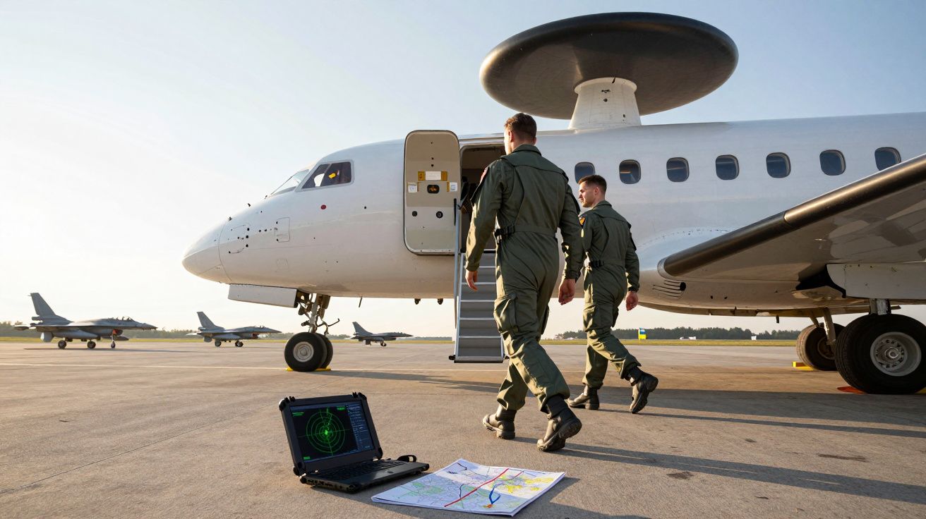 Dois militares a entrar num avião de alerta aéreo com radar, com laptop e mapas no chão.