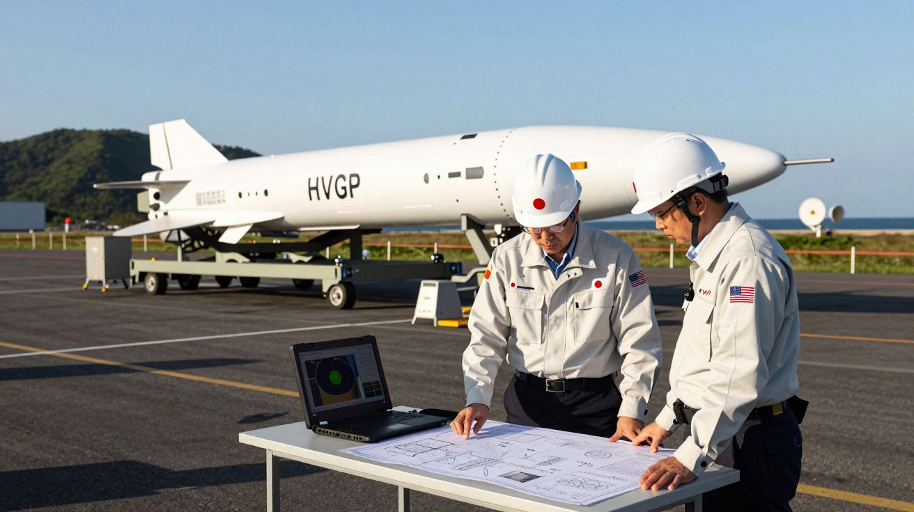 Dois engenheiros com fatos de proteção e capacetes brancos consultam planos numa mesa ao ar livre, com um foguete HVGP ao fun