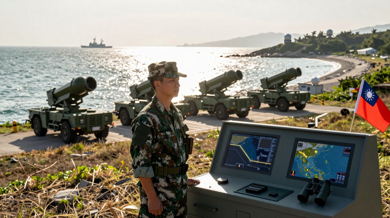 Soldado em uniforme militar junto a equipamentos de artilharia costeira com mar e navio ao fundo.