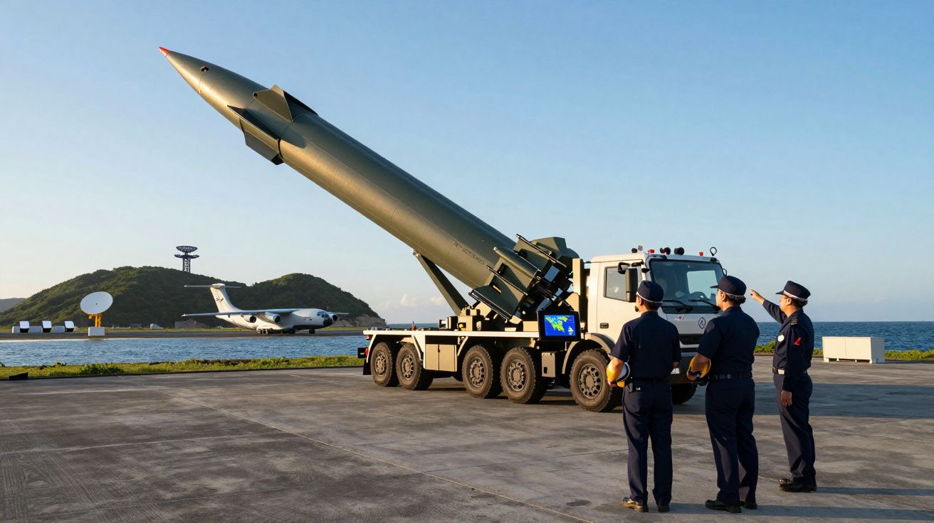 Três militares observam mísseis em camião próximo ao mar com avião e ilha ao fundo num dia soalheiro.