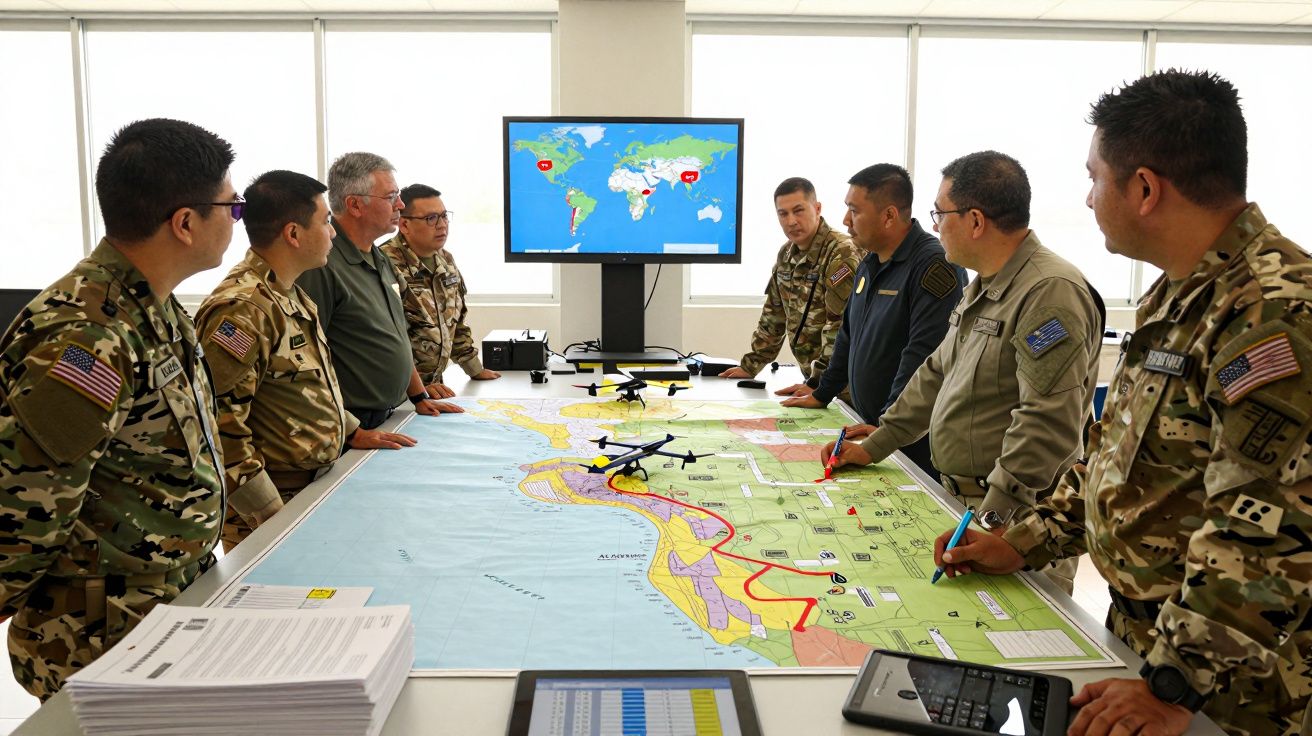 Militares em uniforme em reunião estratégica com mapa e monitor com mapa-múndi numa sala iluminada.