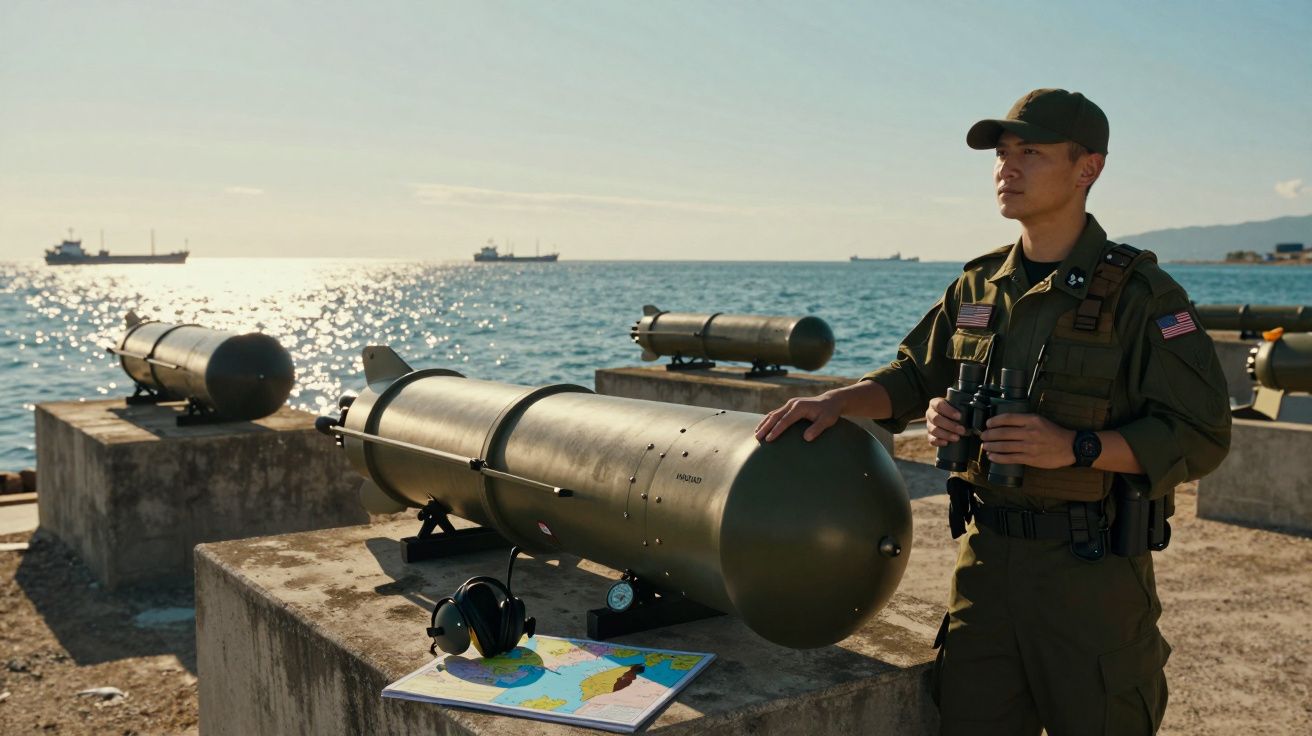 Militar em uniforme com binóculos, ao lado de torpedos em plataforma de concreto junto ao mar.