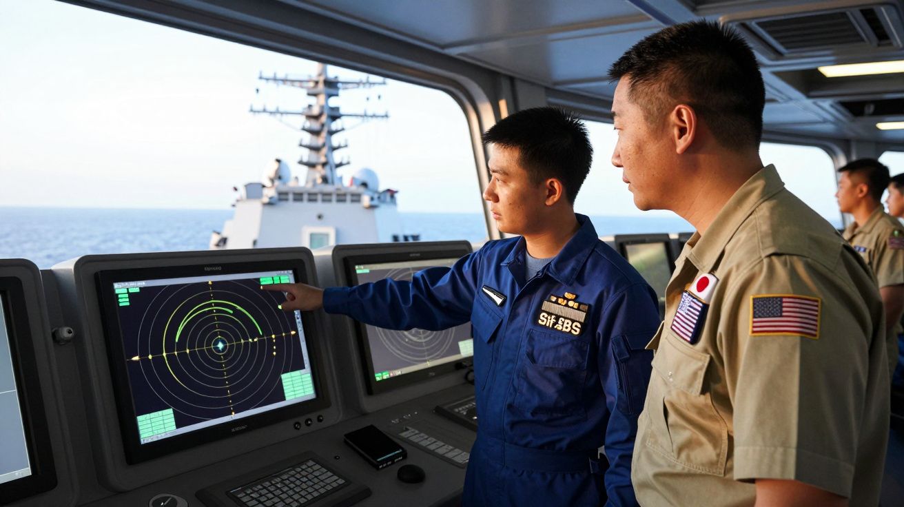 Dois militares asiáticos observam e analisam radar no interior de um navio de guerra.