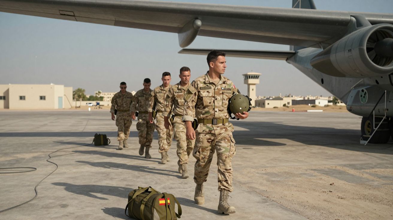 Militares em uniforme a caminhar no pátio de uma base aérea junto a um avião militar.