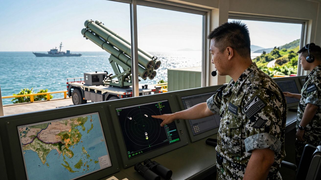 Soldado naval em uniforme a operar radar num centro de comando com vista para o mar e embarcação militar.