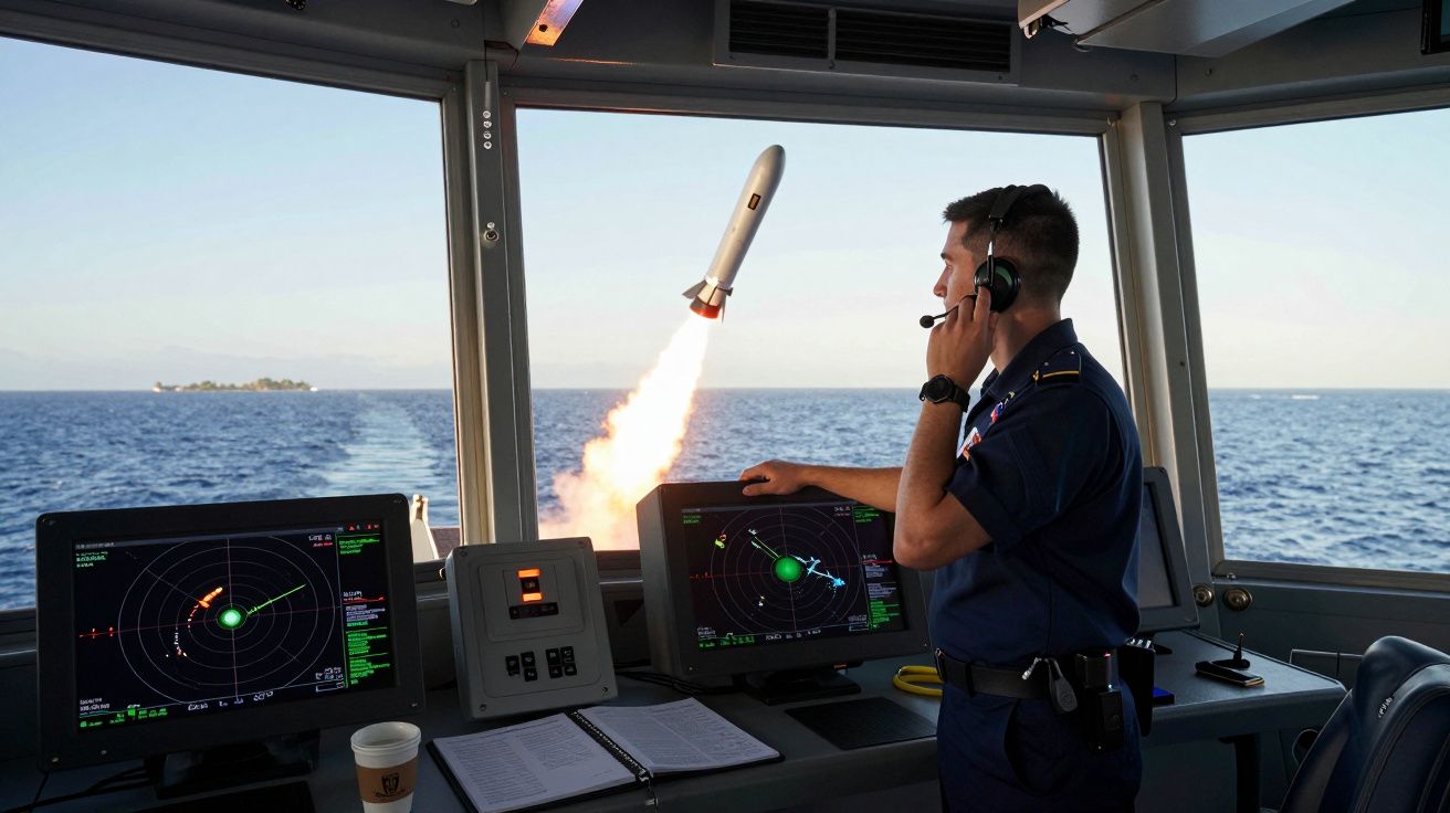 Marinheiro com fones observa lançamento de míssil a partir de sistema de controlo naval no mar.