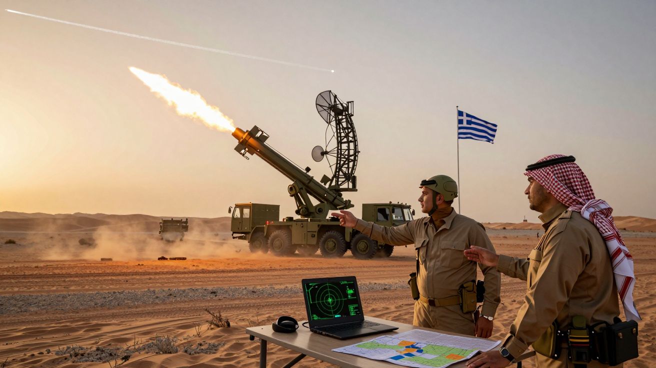 Dois militares observam lançamento de míssil no deserto, com equipamento de radar e bandeira da Grécia ao fundo.