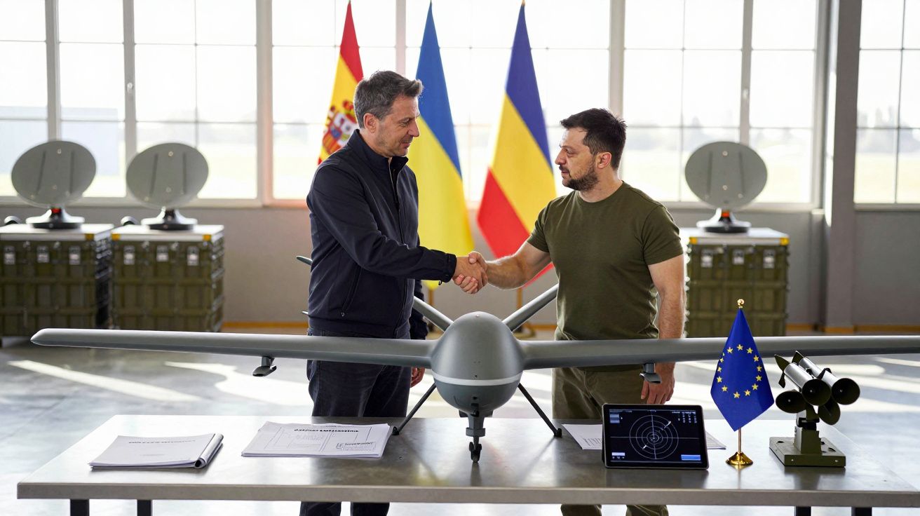 Duas homens apertam as mãos junto a um drone sobre mesa, com bandeiras da Ucrânia, Espanha e UE ao fundo.