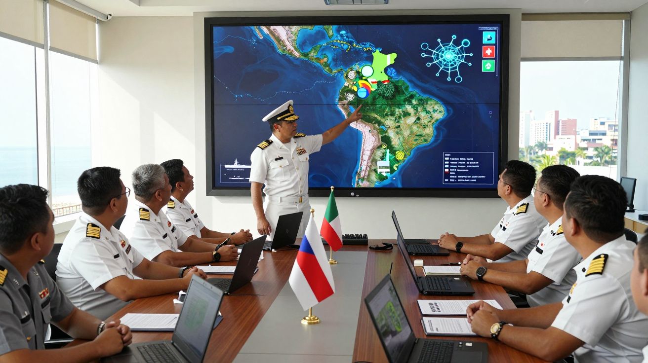 Oficiais navais em reunião com mapas da América Latina num ecrã grande numa sala de conferências.