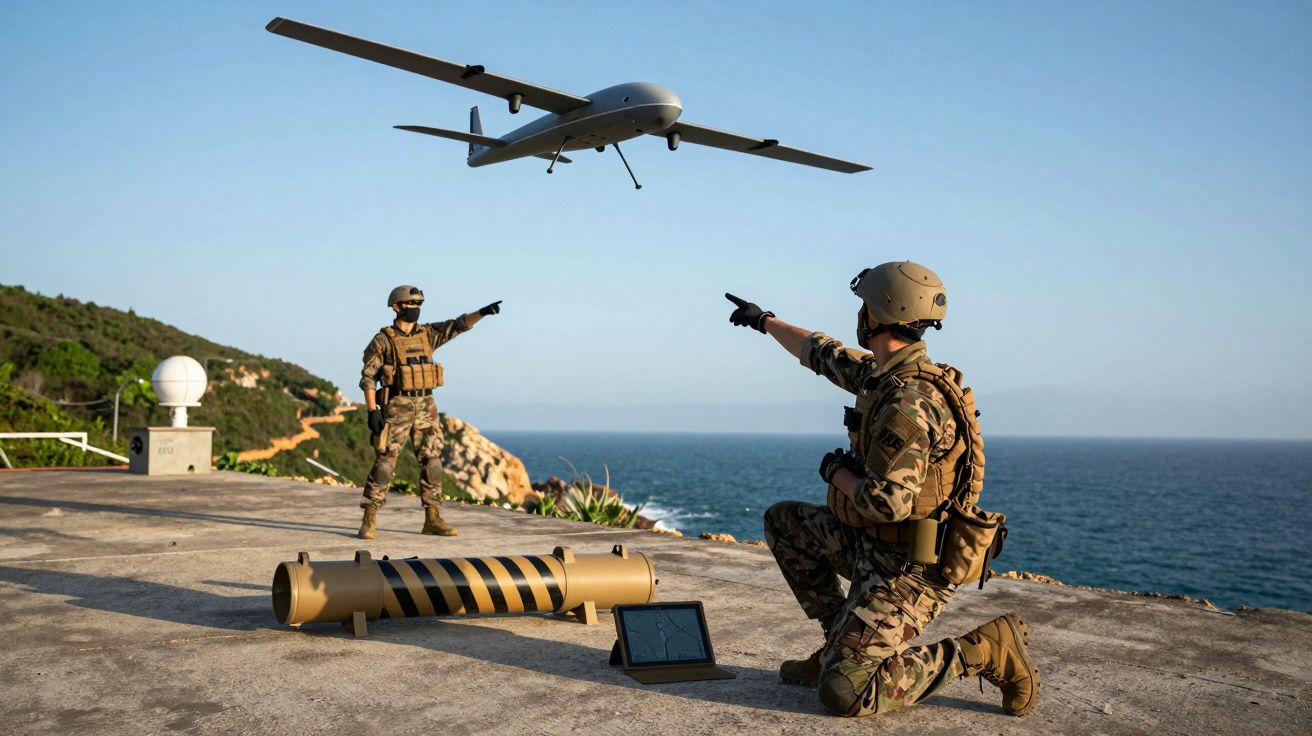 Dois soldados em uniforme camuflado operam um drone militar perto do mar em plataforma costeira.