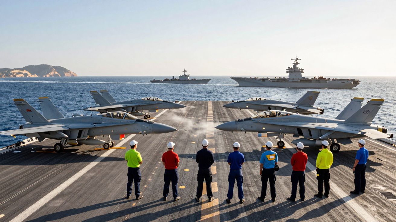Pessoal naval em convés de porta-aviões com caças F/A-18 e navios de guerra no mar ao fundo.