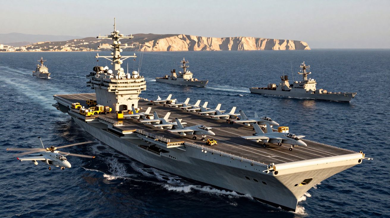 Porta-aviões militar com vários aviões no convés, escoltado por navios de guerra, em mar aberto perto da costa.