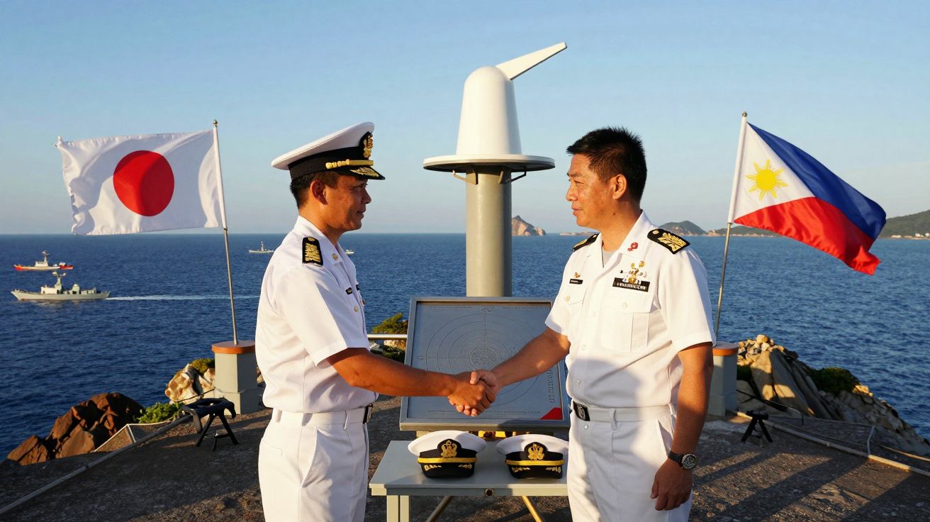 Dois oficiais navais, um do Japão e outro das Filipinas, apertam as mãos sobre o mar com bandeiras dos dois países.