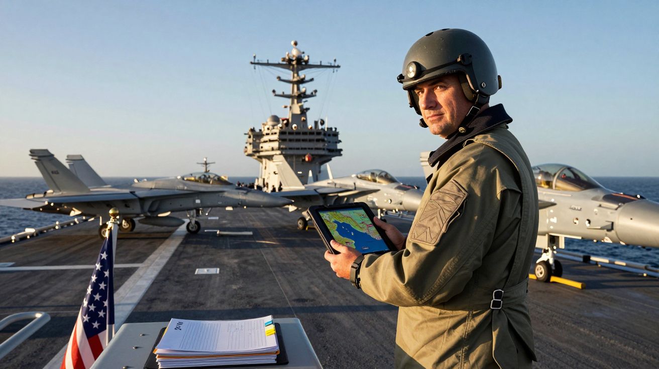 Homem com capacete militar segura tablet no convés de porta-aviões com caças ao fundo ao pôr do sol.