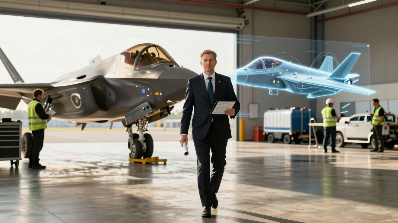 Homem de fato segurando documentos em hangar com avião militar e projecção holográfica de jato futurista.