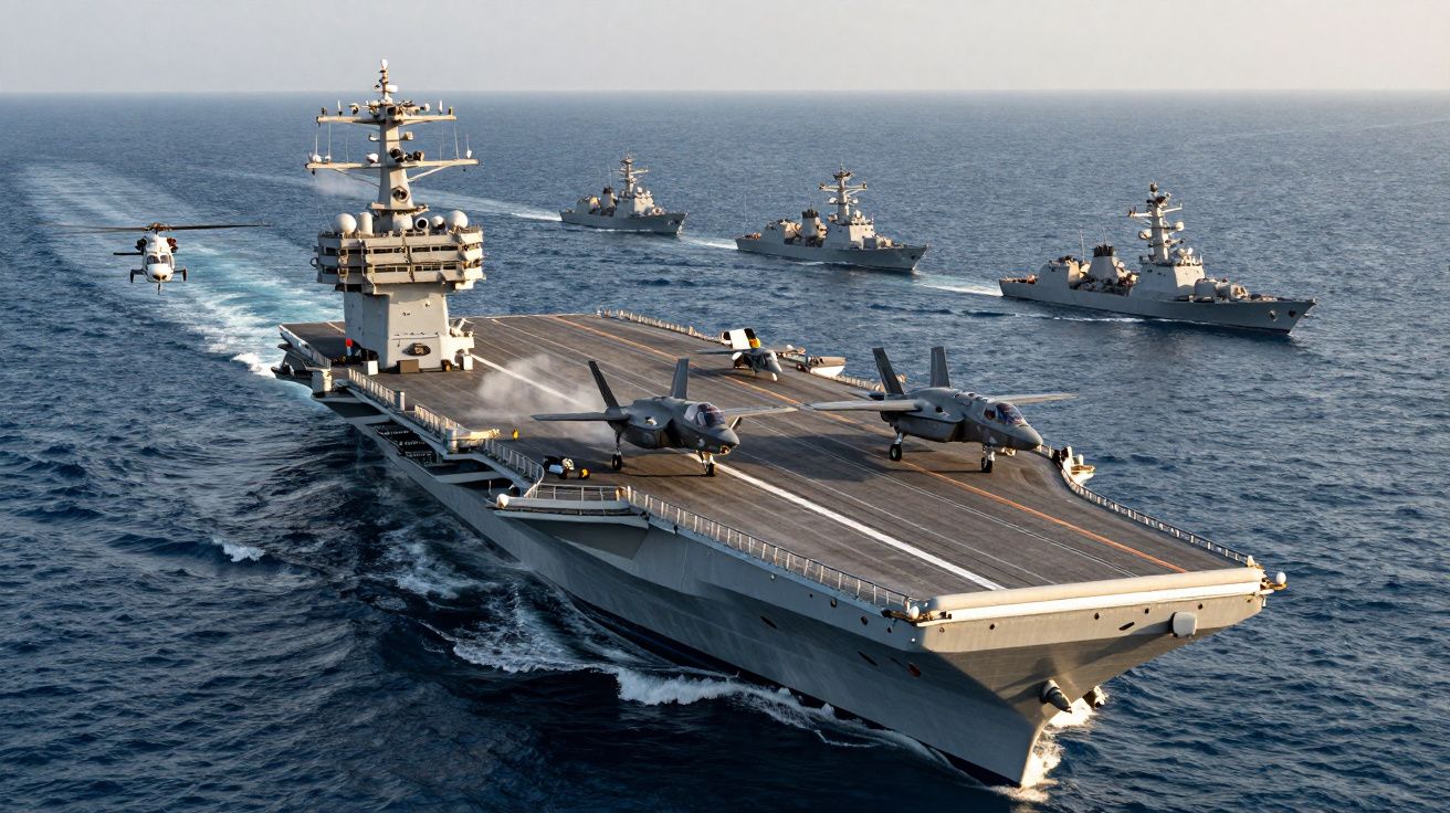Porta-aviões com dois caças F-35 no convés, três navios de guerra e um helicóptero no mar durante missão naval.