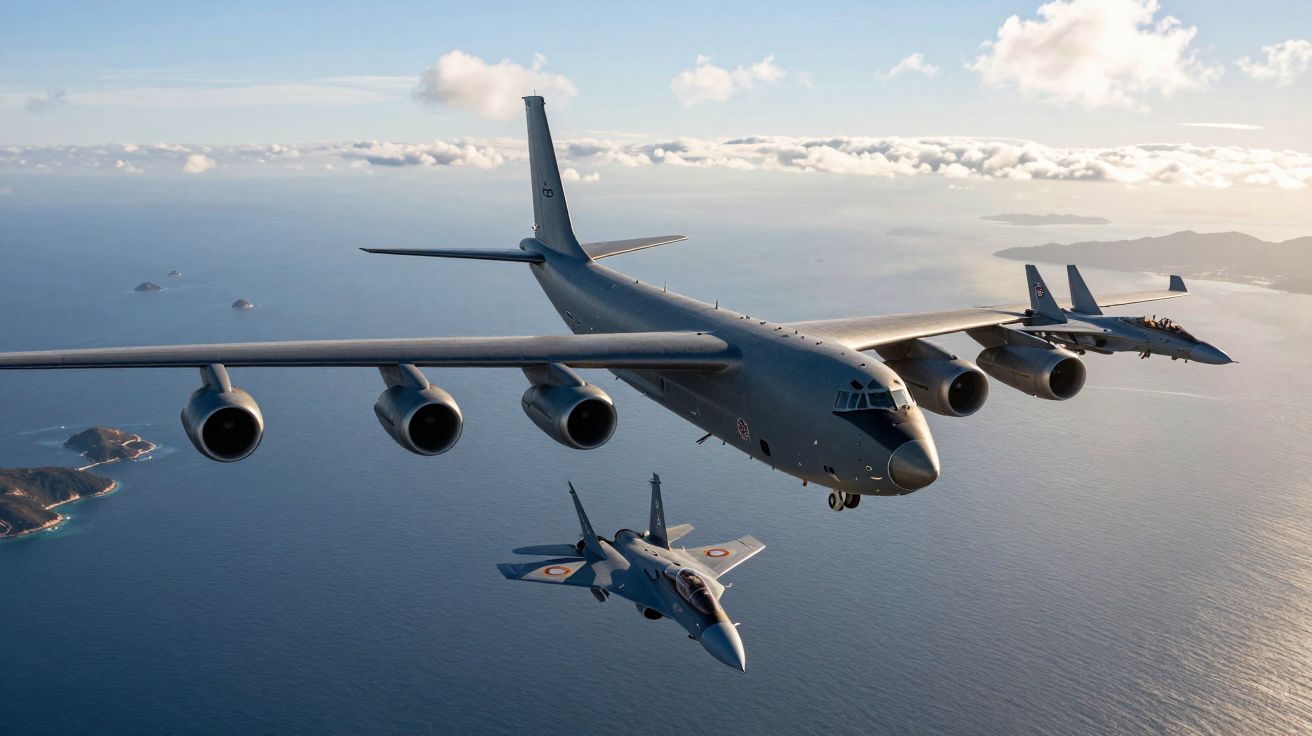 Três aviões militares voam juntos sobre o oceano com ilhas e céu parcialmente nublado ao fundo.