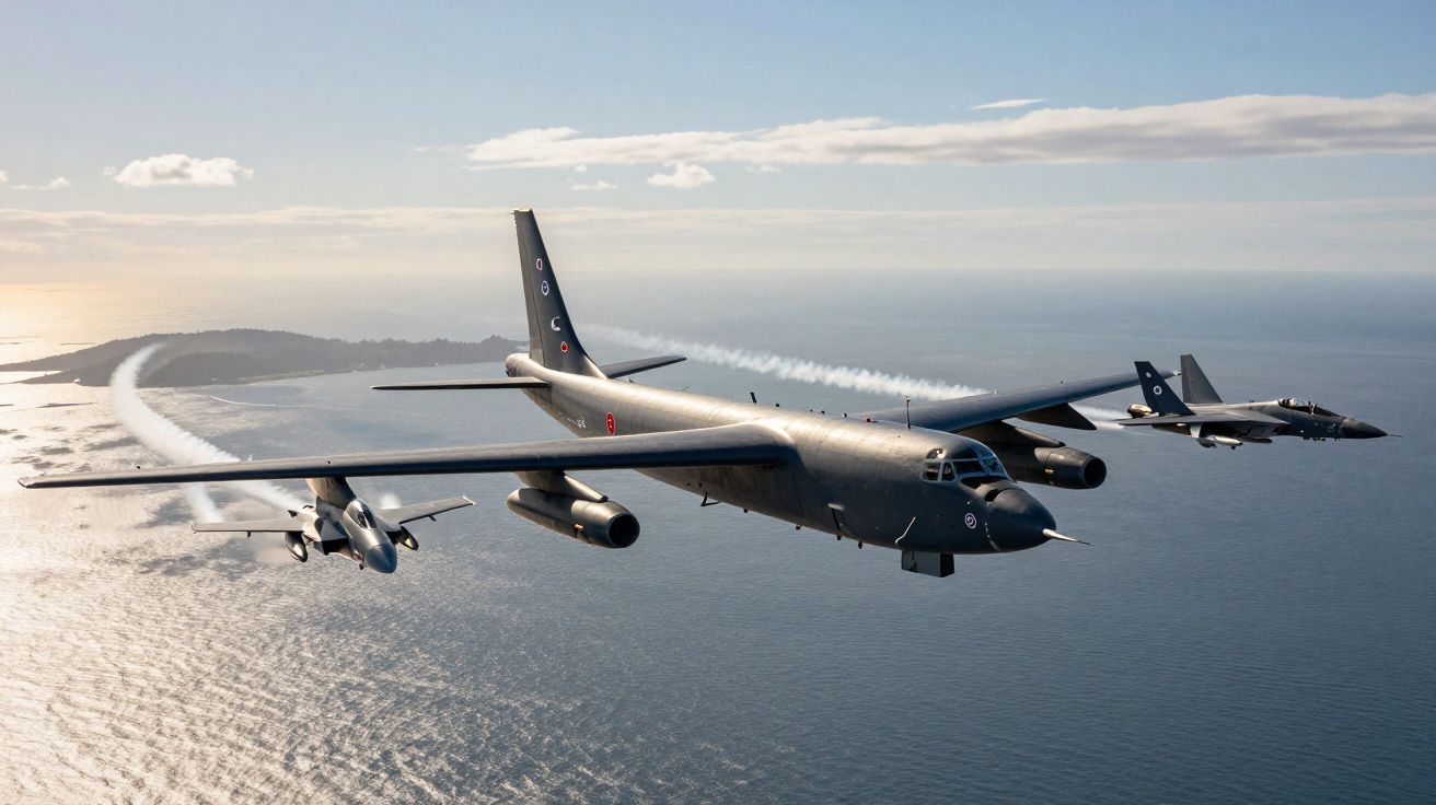 Aviões militares em formação a voar sobre o mar com rasto de fumo ao pôr do sol.
