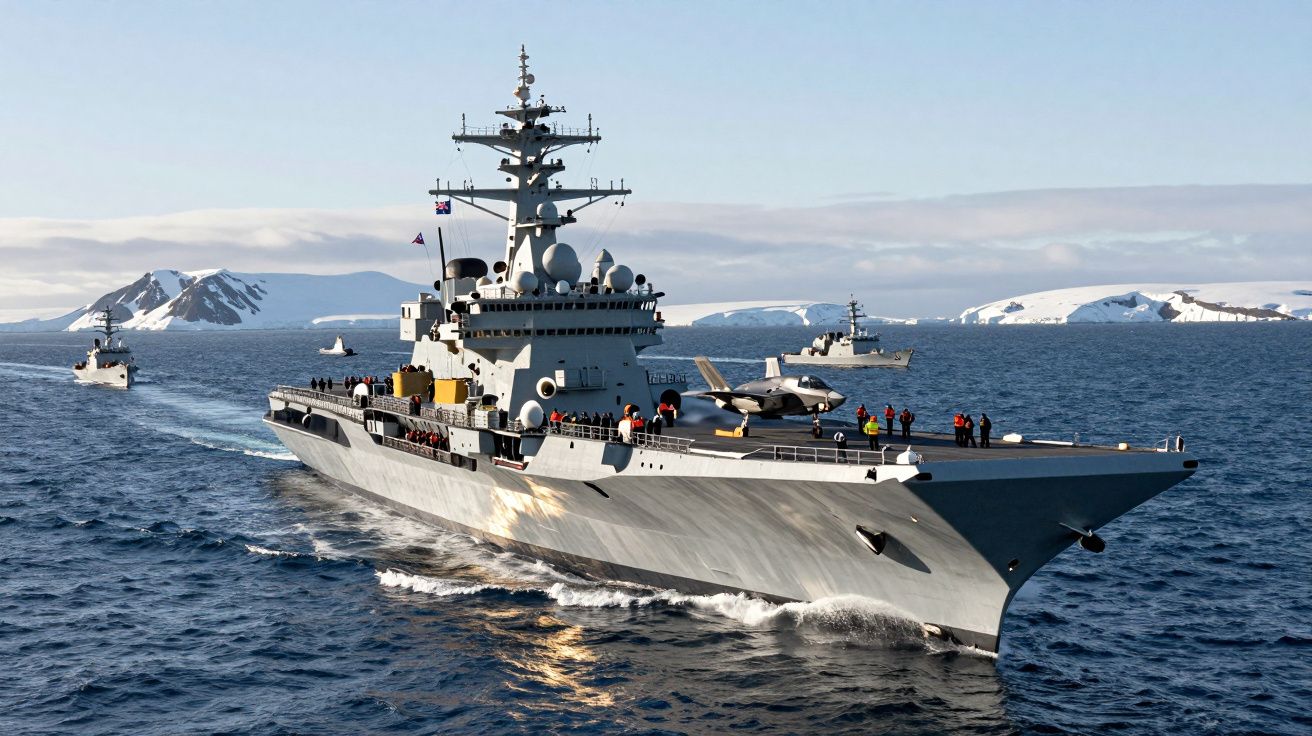 Porta-aviões militar a navegar no mar com pessoal no convés e ilhas com neve ao fundo.