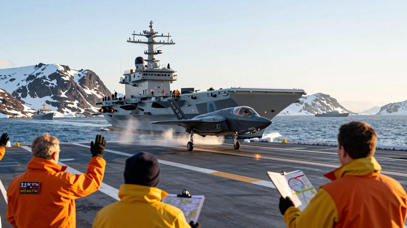 Caça F-35 descola de porta-aviões no mar perto de montanhas nevadas com equipe de bordo a observar.