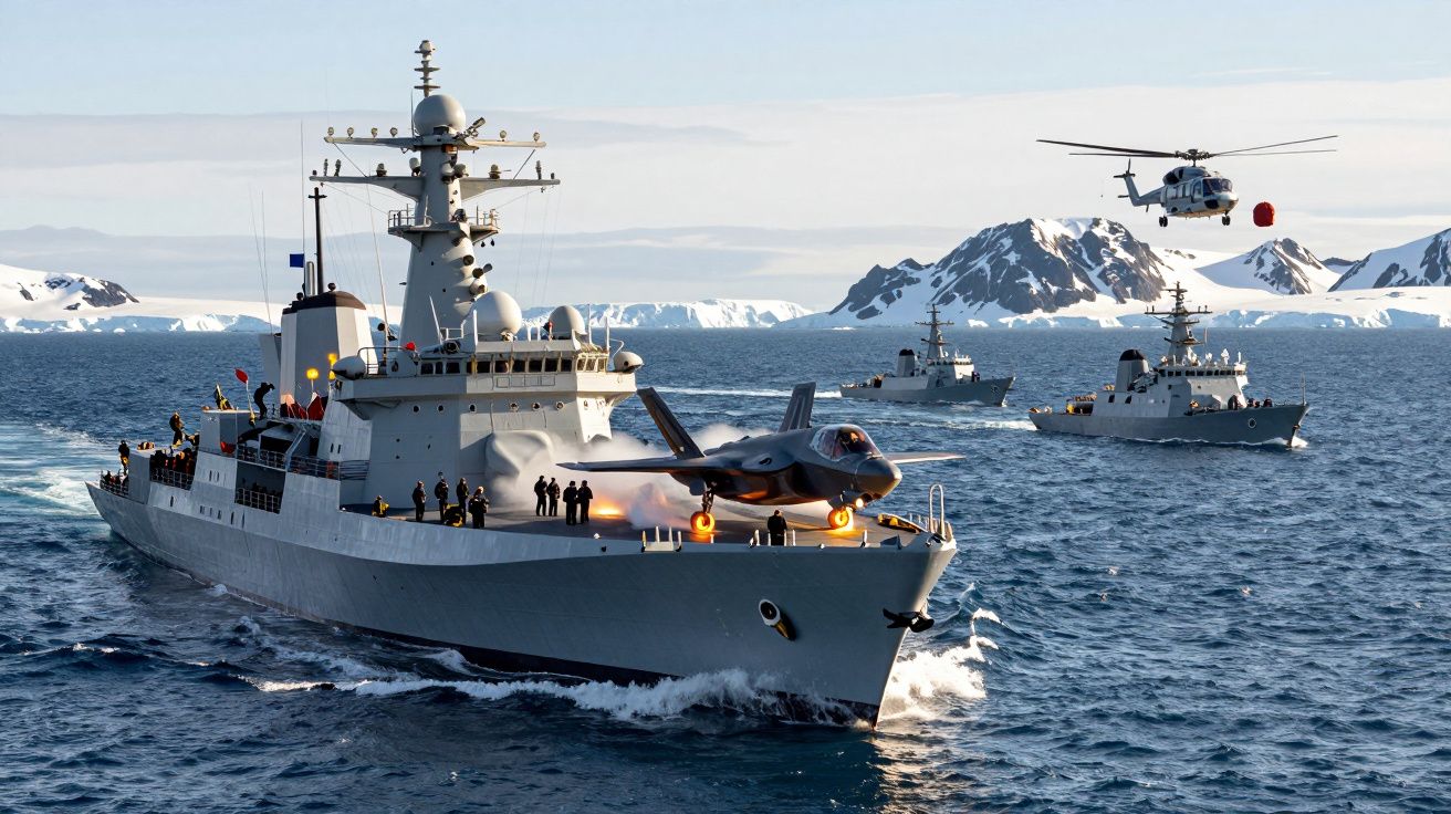 Navios militares no mar próximo a montanhas geladas com helicóptero e avião de caça no convés.