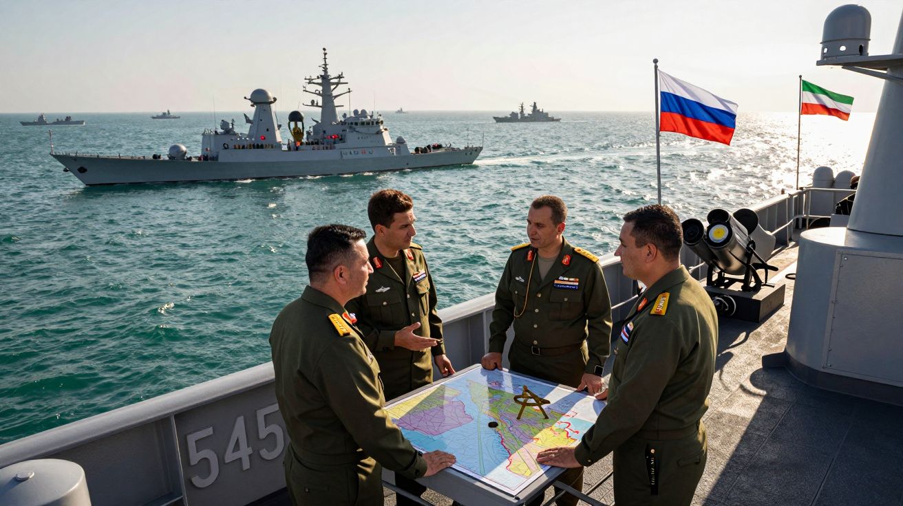 Quatro militares em uniforme conversam ao redor de um mapa num navio de guerra com bandeiras da Rússia e Irão.