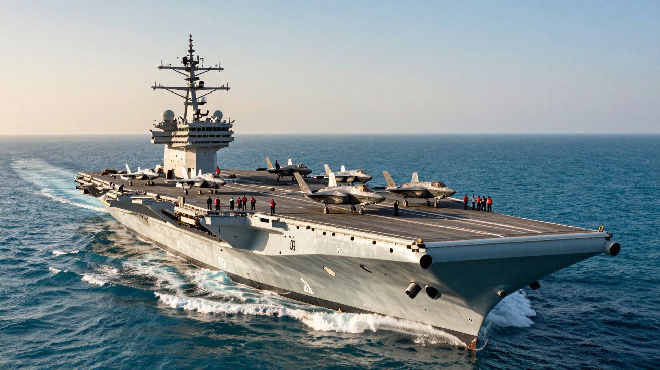 Porta-aviões no mar com vários caças na pista de decolagem e tripulantes a pé a bordo.
