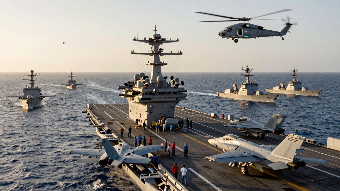 Porta-aviões no mar com aviões de combate no convés, navios de apoio ao fundo e um helicóptero em voo.