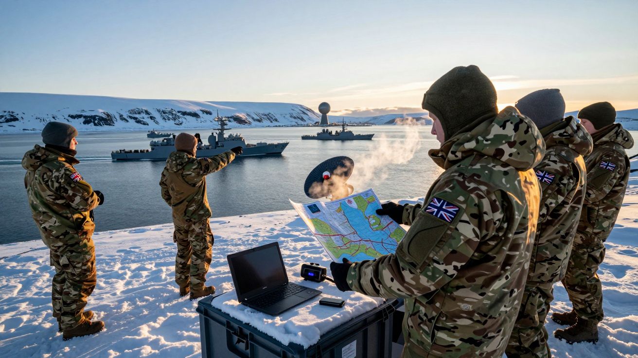 Militares britânicos em uniforme de inverno junto a equipamento de comunicação, observando navios num porto gelado.