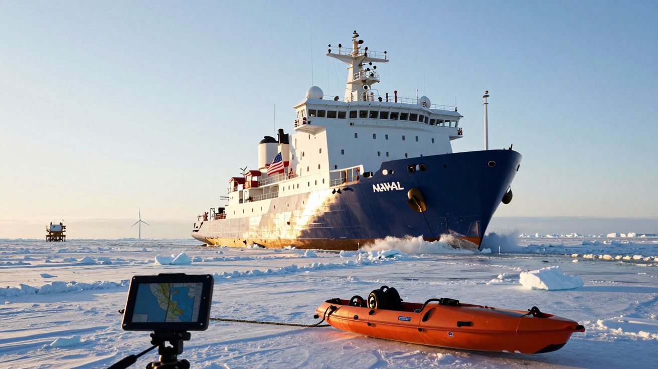 Navio naval azul a navegar em águas geladas com um barco insuflável laranja e monitor de navegação no gelo.