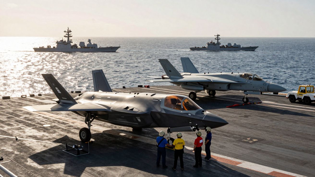 Porta-aviões com jato F-35 e outro caça F/A-18 estacionados, com quatro militares e navios de guerra no mar ao fundo.
