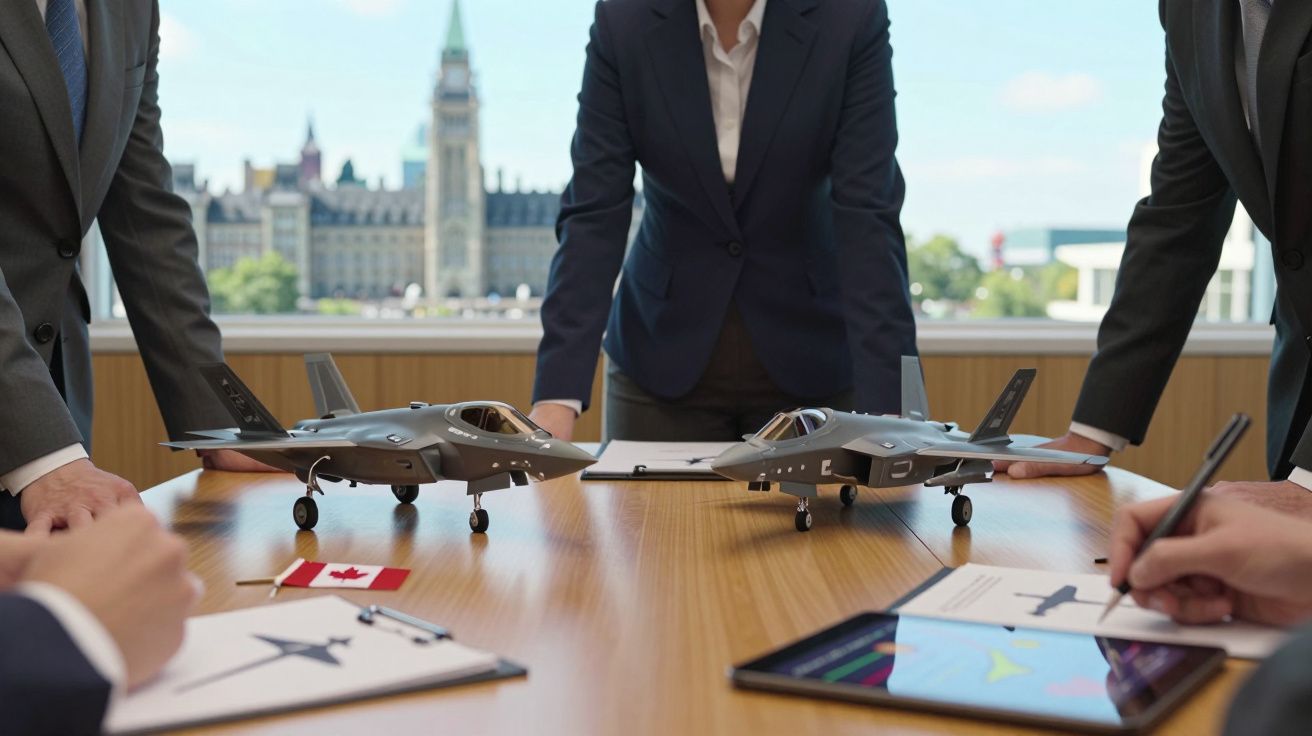 Pessoas em reunião com maquetes de aviões militares sobre mesa, com edifício ao fundo.