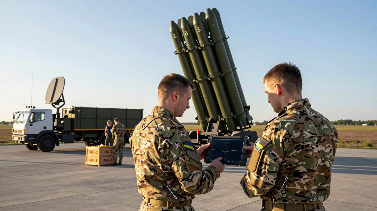 Dois soldados em uniforme camuflado operam um tablet junto a lançadores de mísseis em base militar ao ar livre.