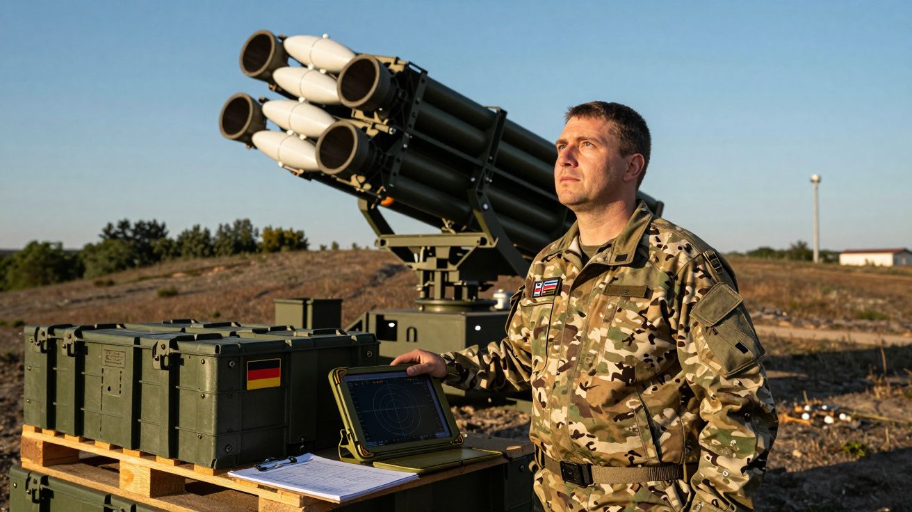 Soldado camuflado com tablet junto a lançador de mísseis e caixas militares ao ar livre sob céu limpo.