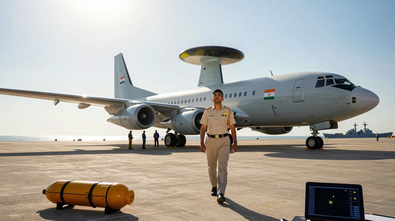 Avião militar indiano com radar de alerta aéreo estacionado e oficial à frente num pátio ensolarado.