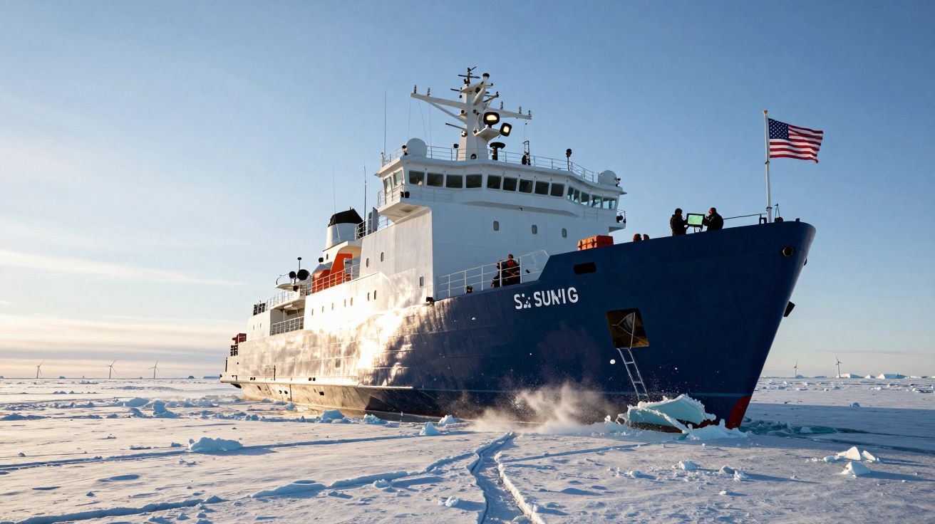 Navio de pesquisa com bandeira dos EUA rompe gelo no Ártico sob céu claro ao amanhecer.